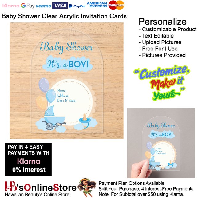 Invitations En Acrylique C'est une carte d'invitation pour Baby shower garç (Boy's Baby Shower Birth Party Supplies Celebrate Clear Acrylic Invitations 17.)