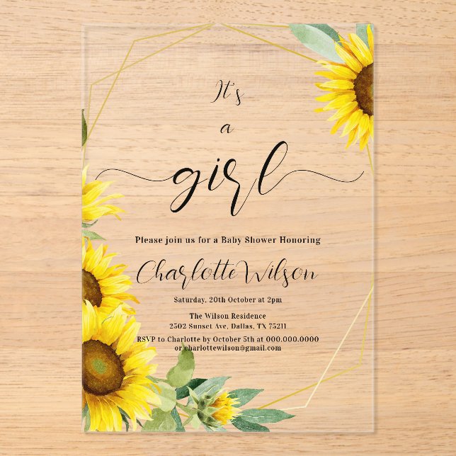 Invitations En Acrylique C'est une fille ! Baby shower de tournesol aquarel (Recto)