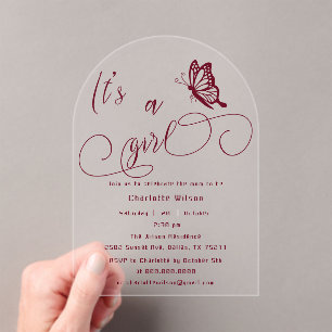 Invitations En Acrylique C'est une fille, Baby Shower papillon minimaliste 