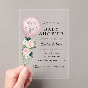 Invitations En Acrylique C'est une fille ballon Baby Shower Rose 
