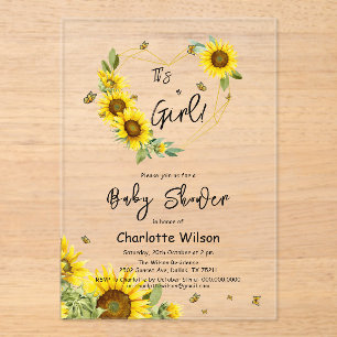 Invitations En Acrylique C'est une fille ! Cadre tournesols Baby Shower