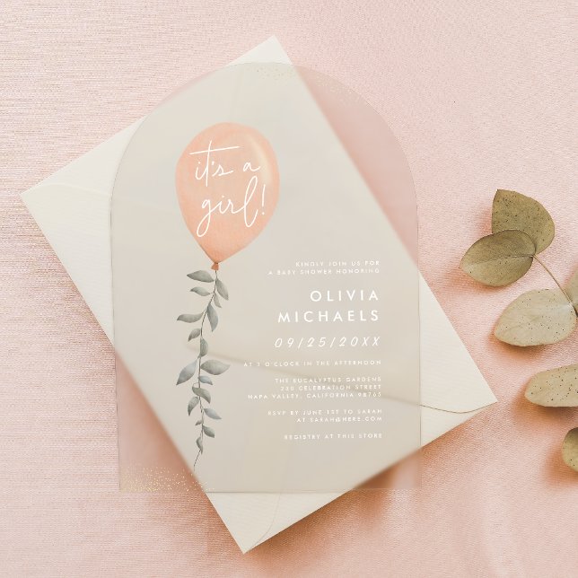 Invitations En Acrylique C'Est Une Fille Eucalyptus Baby shower Balloon Ver (Card Mock-up)