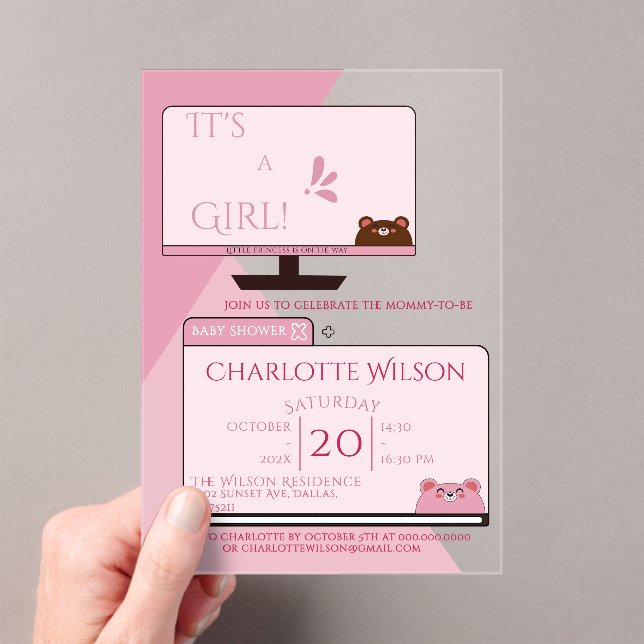 Invitations En Acrylique C'est une fille ! Ours mignon Écran d'ordinateur B (In situ (ordinateur de poche))