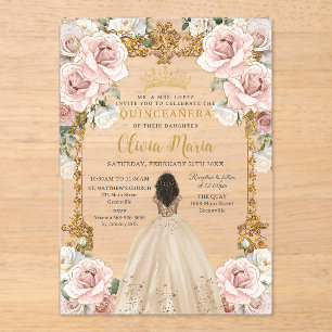 Invitations En Acrylique Champagne Blush vintage Robe Florale Quinceanera