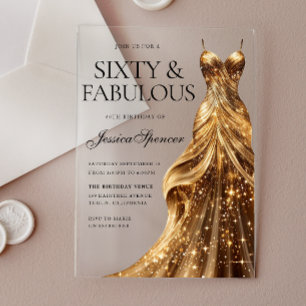 Invitations En Acrylique Champagne Gold Gown Soixante et fabuleux 60e anniv