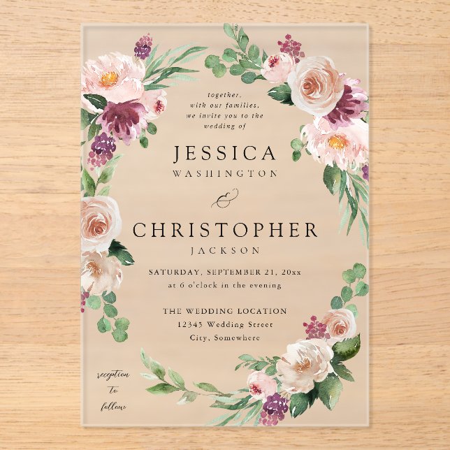 Invitations En Acrylique Champagne & Pink Floral 2 Mariage (Recto)