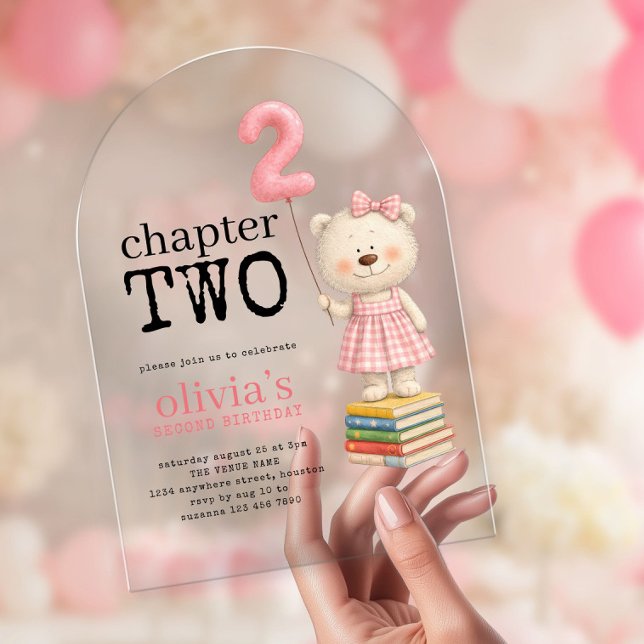 Invitations En Acrylique Chapter Two Teddy Bear Books Girl 2nd Birthday (Créateur téléchargé)