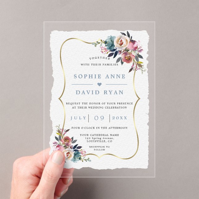 Invitations En Acrylique Charm Dusty Blue Misty Rose Flowers Wedding  (In situ (ordinateur de poche))
