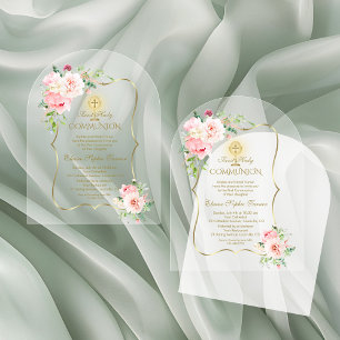 Invitations En Acrylique Charm Gold Spring Blush Floral Girl Holy Communion