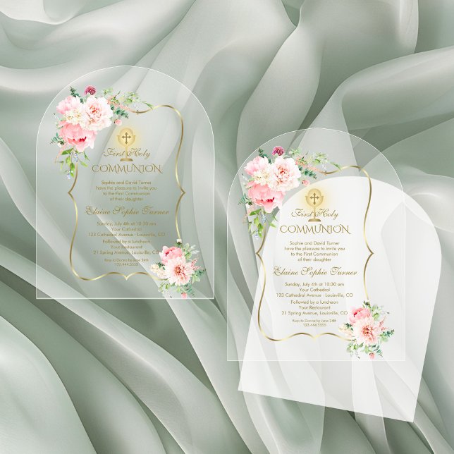 Invitations En Acrylique Charm Gold Spring Blush Floral Girl Holy Communion (Créateur téléchargé)