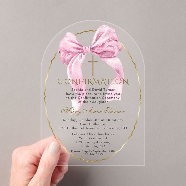 Invitations En Acrylique Charm Pink Bow Gold confirmation fille transparent (In situ (ordinateur de poche))