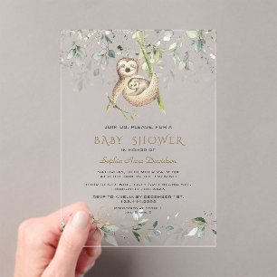 Invitations En Acrylique Charm Sloths Airy Greenery Gold Boy Baby shower