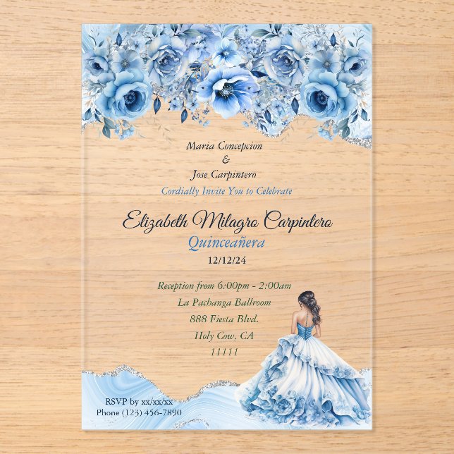 Invitations En Acrylique Charmant bébé bleu et argent Quinceañera Floral (Recto)