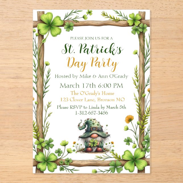 Invitations En Acrylique Charmant trèfle de printemps et gnome  (Recto)