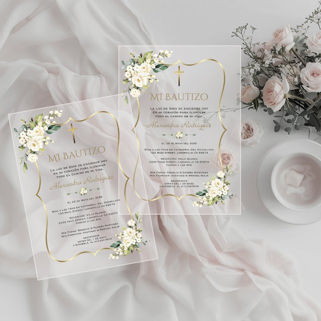 Invitations En Acrylique Charme Bautizo Con Blanca Flores Or Baptême  (Créateur téléchargé)