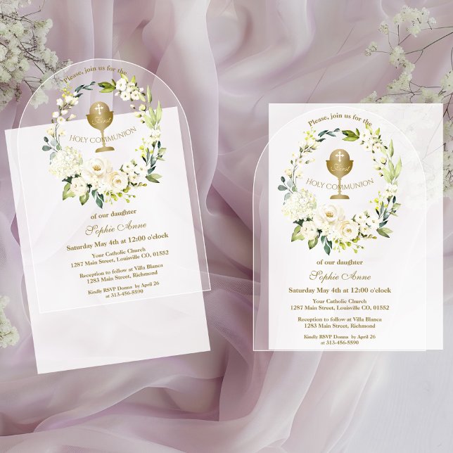 Invitations En Acrylique Charme Crème Blanche Florale Première Communion Sa (Créateur téléchargé)