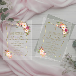 Invitations En Acrylique Charme Or Rose Fleurs Baptême 1er Anniversaire