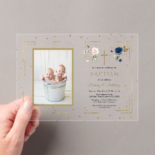 Invitations En Acrylique Charme Rose Bleu Floral Twins Photo Baptême