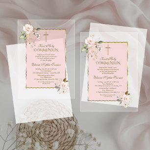 Invitations En Acrylique Charme Rouge à Joues Rose Or Floral Croix Sainte C