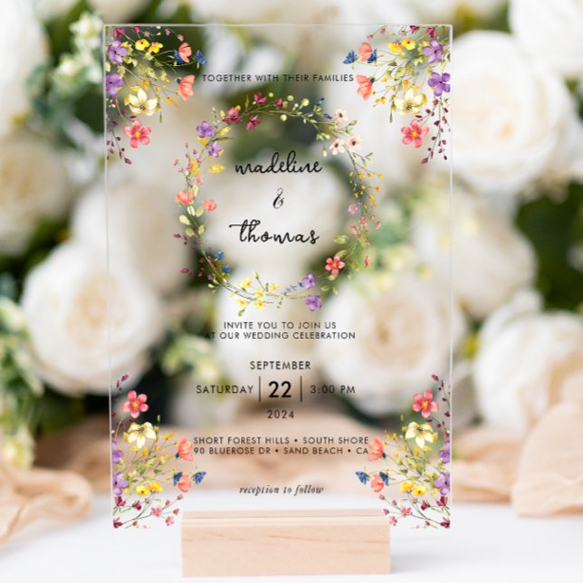 Invitations En Acrylique Charme Whimsical Wild Flower Wreath Mariage photo (Créateur téléchargé)