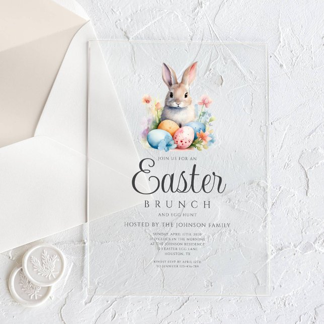 Invitations En Acrylique Chasse Aux Oeufs De Lapin Et Brunch De Pâques (Cute Bunny Egg Hunt And Easter Brunch Acrylic Invitations)