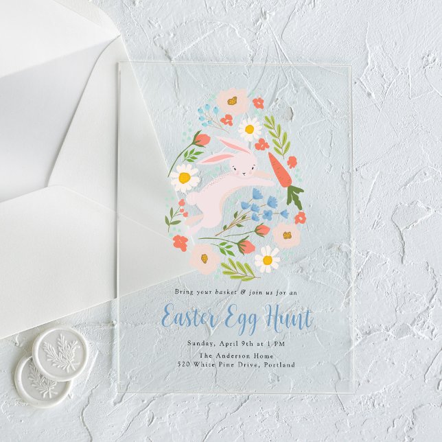 Invitations En Acrylique Chasse aux oeufs de Pâques au lapin floral mou (Créateur téléchargé)