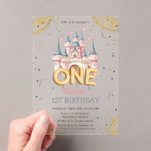 Invitations En Acrylique Château de Princesse Confettis Aquarelle 1er Anniv