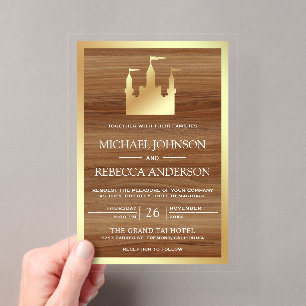 Invitations En Acrylique Château en bois de conte de fées doré pour mariage