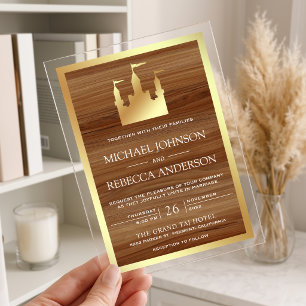 Invitations En Acrylique Château en bois de conte de fées doré pour mariage