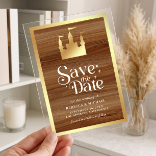 Invitations En Acrylique Château Mariage Conte de Fée Doré Enregistrer la D