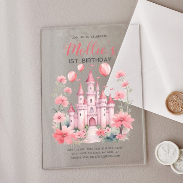 Invitations En Acrylique Château Princesse Rose pour bébé fille 1er anniver (Pink castle baby girl's 1st birthday princess birthday acrylic invitation)