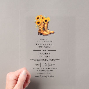 Invitations En Acrylique Chaussures de cowboy Tournesols Grange Bois Mariag