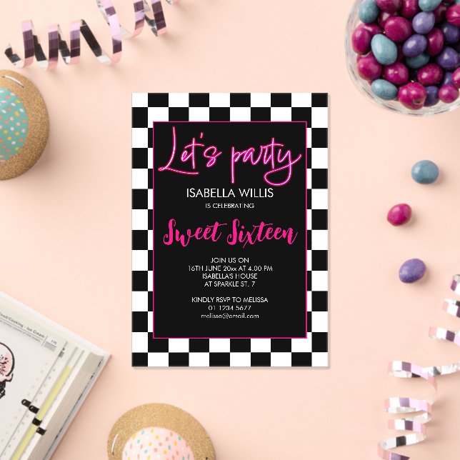 Invitations En Acrylique Checker rose chaud noir blanc Lets party Sweet 16 (Insitu (Célébration))