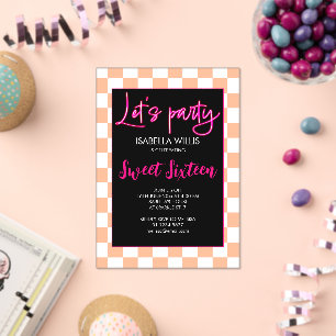 Invitations En Acrylique Checker rose chaud pêche blanc Lets party Sweet 16
