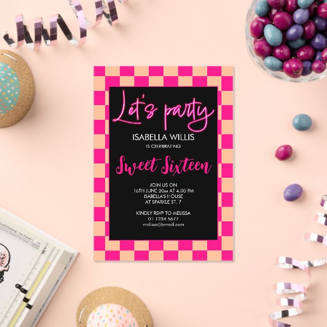 Invitations En Acrylique Checker rose chaud pêche noir Lets party Sweet 16 (Insitu (Célébration))