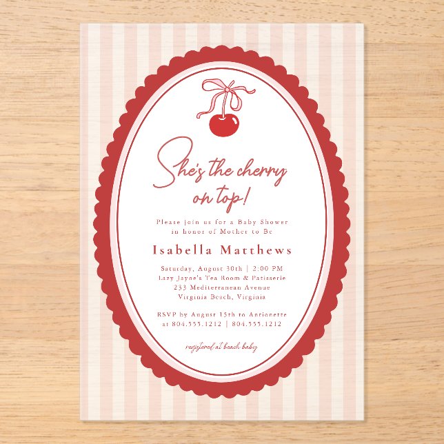 Invitations En Acrylique Cherry on Top Coquette Bow Pink Baby Shower  (Recto)
