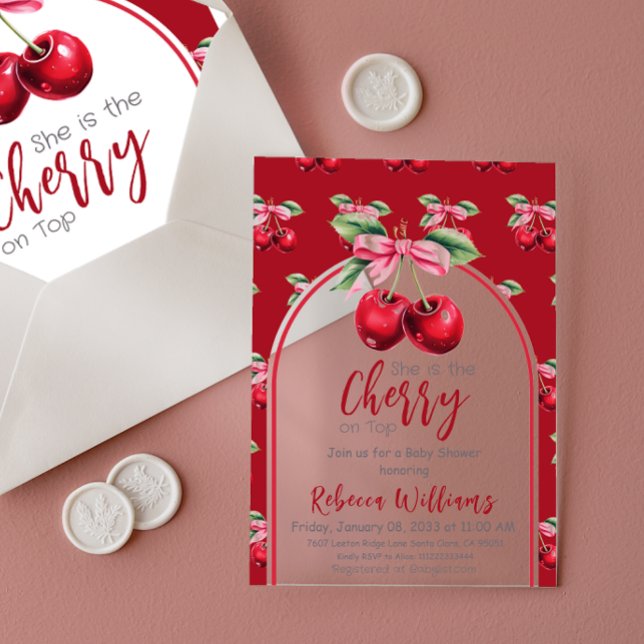 Invitations En Acrylique Cherry Red Coquette Bow Girl Baby shower (Créateur téléchargé)