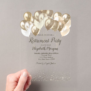 Invitations En Acrylique Chic Ballons Confettis Marron Métallisé Retraite