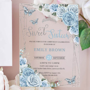 Invitations En Acrylique Chic Bébé Bleu Papillons Floraux Sweet sixteen 16