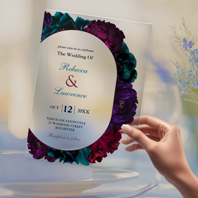 Invitations En Acrylique Chic bijou tons marine bordeaux mariage floral (Créateur téléchargé)