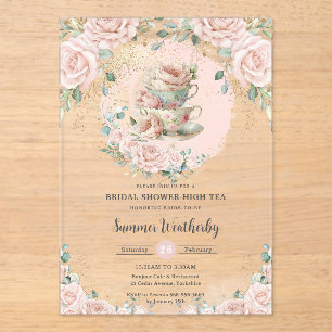 Invitations En Acrylique Chic Blush Floral High Tea Party Fête des mariées