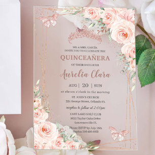 Invitations En Acrylique Chic Blush Floral Rose Gold Butterfly Quinceañera