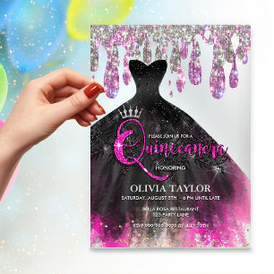 Invitations En Acrylique Chic cristal noir rose chaud gouttes Quinceanera