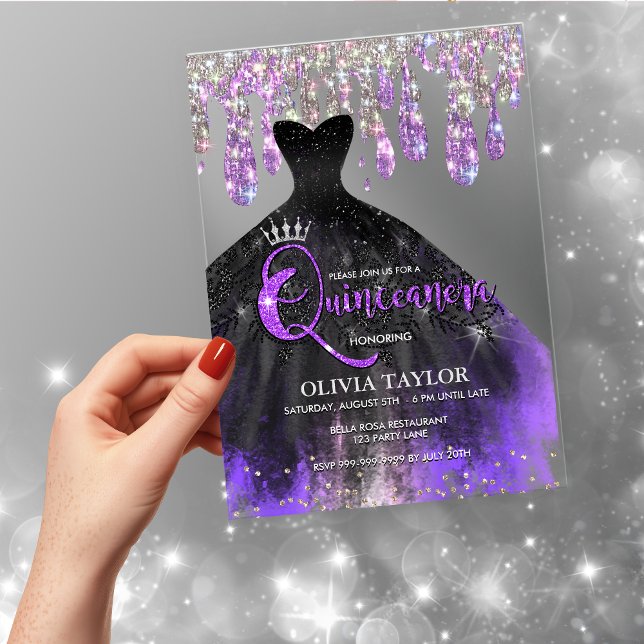 Invitations En Acrylique Chic cristal violet noir gouttes Quinceanera (Créateur téléchargé)