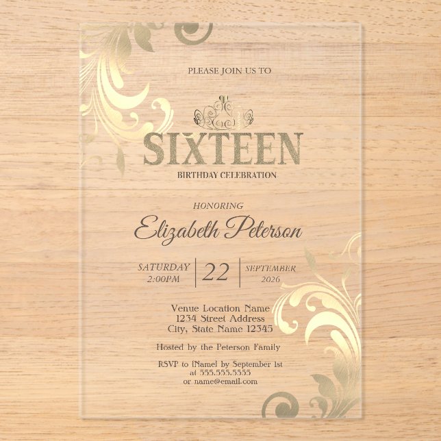 Invitations En Acrylique Chic Elegant Swirls Gold Tiara Sweet 16 (Recto)