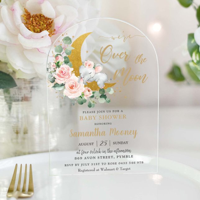 Invitations En Acrylique Chic Elephant We're Over the Moon Girl Baby shower (Créateur téléchargé)