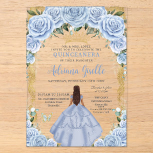Invitations En Acrylique Chic Fleurs Bleu Bébé Brun Princesse Quinceañera