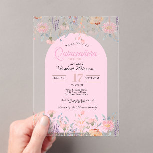 Invitations En Acrylique Chic Fleurs Sauvages Roses Votre Photo Quinceañera