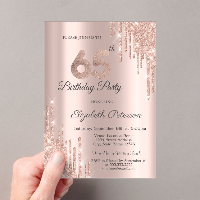 Invitations En Acrylique Chic Glitter Drips Rose Gold 65e Anniversaire  (In situ (ordinateur de poche))