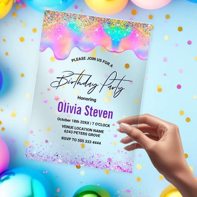 Invitations En Acrylique Chic holographique licorne gouttes d'anniversaire  (Créateur téléchargé)